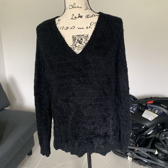 INC International Concepts Fuzzy Metallic V Neck Sweater Oversized sz S Black - Picture 1 of 4